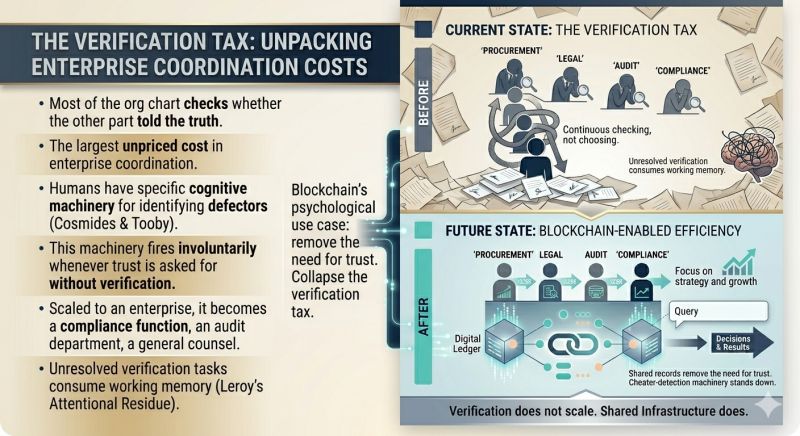 The verification tax — org-chart distrust as enterprise overhead